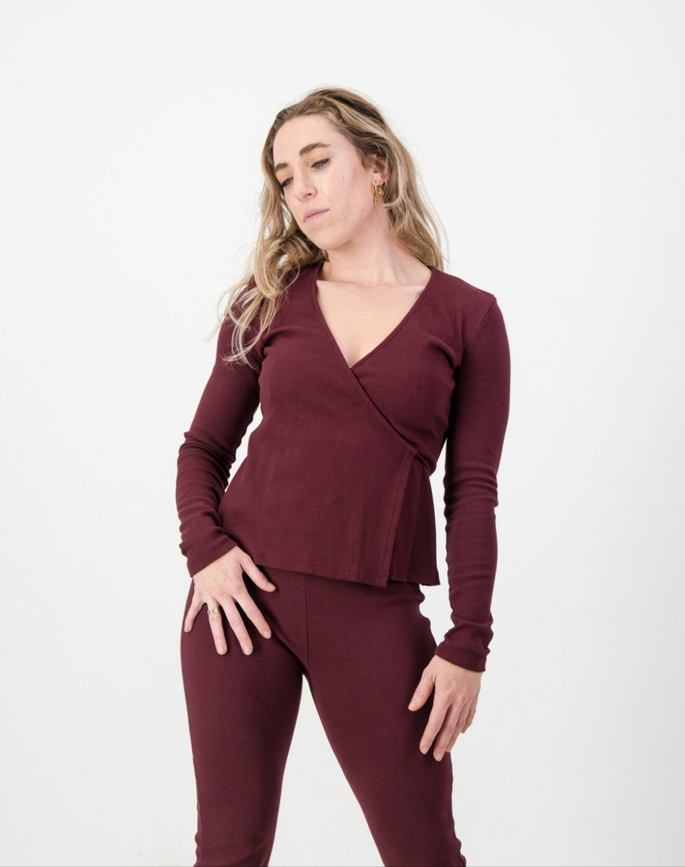 Maia Wrap Cardigan- Maroon Cotton Rib