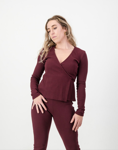 Maia Wrap Cardigan- Maroon Cotton Rib