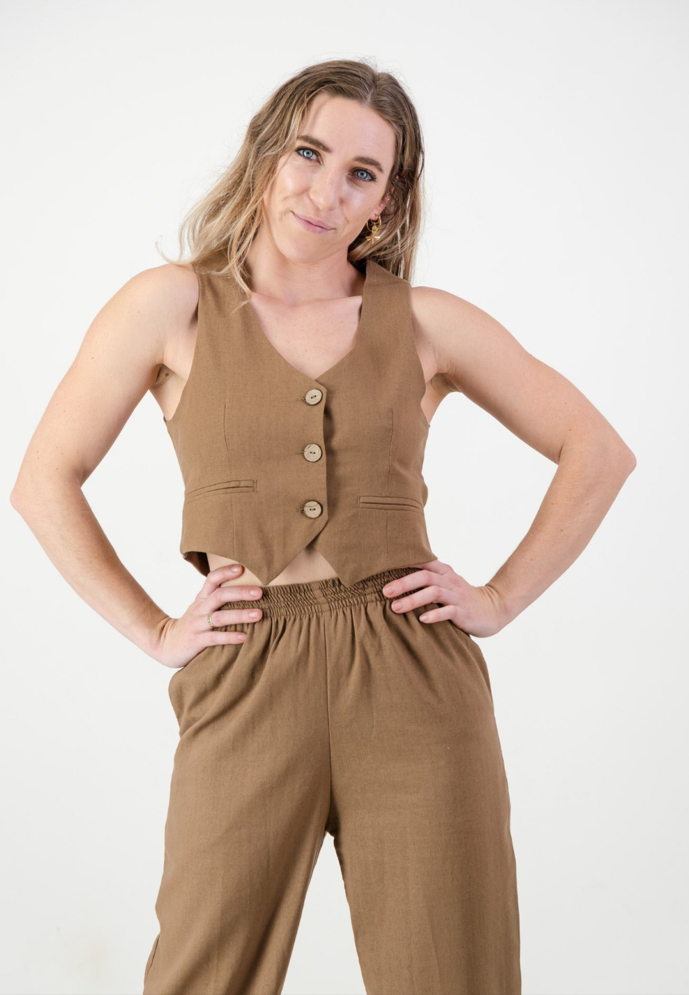 Ava Waist coat - Mocca Linen