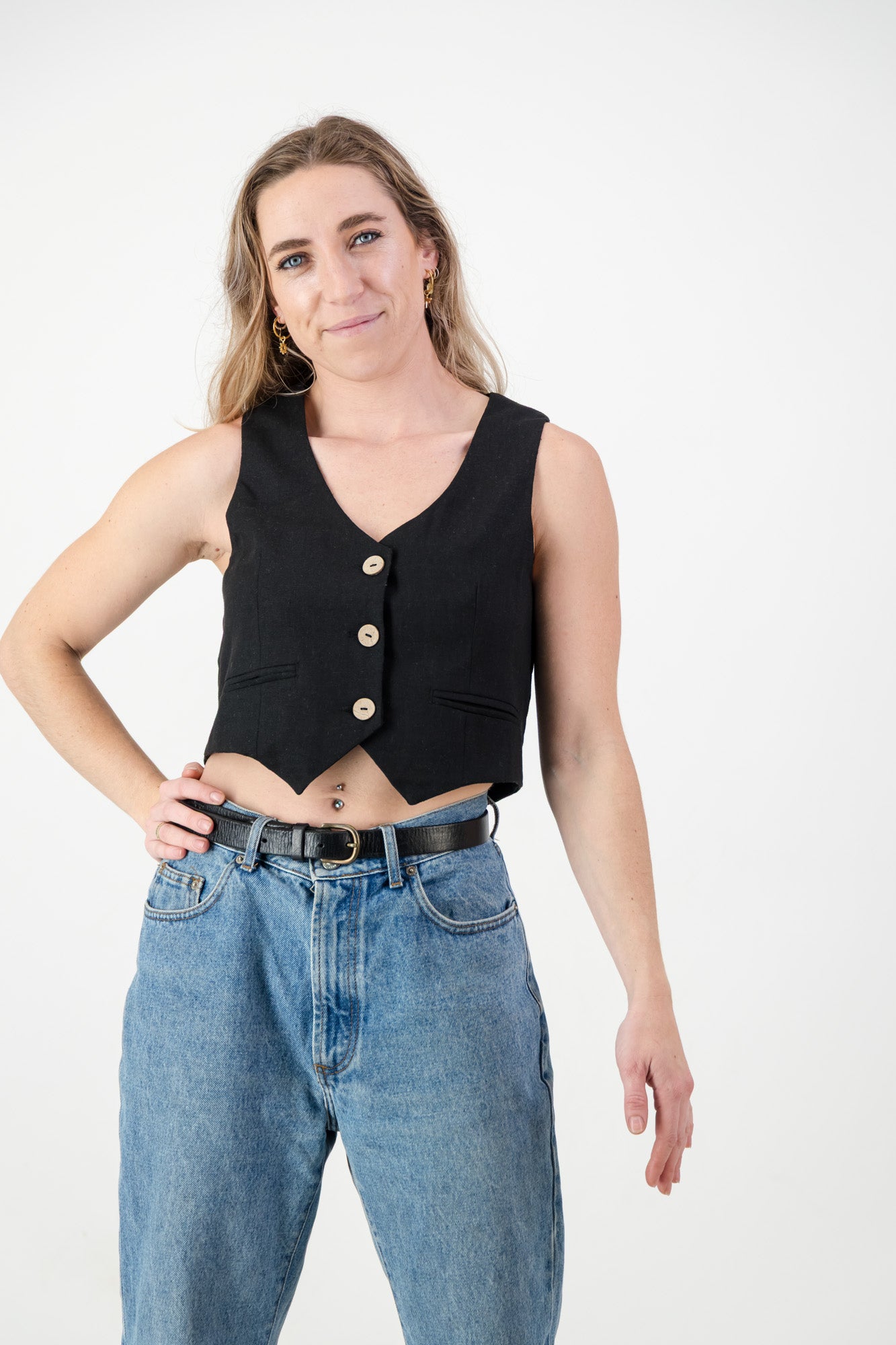 Ava Waist coat - Black Linen