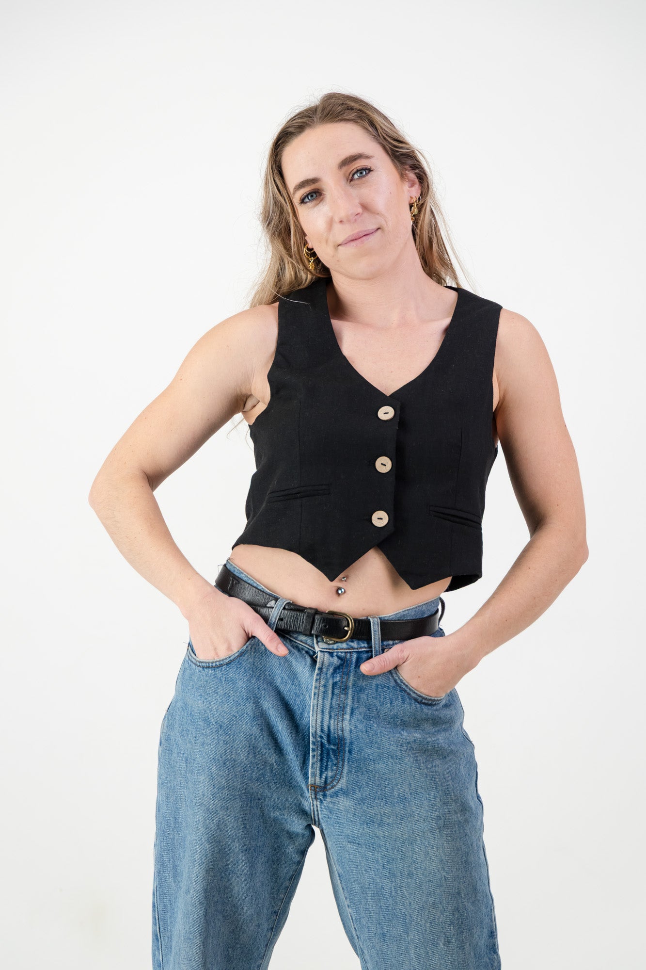 Ava Waist coat - Black Linen