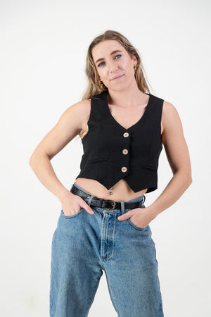 Ava Waist coat - Black Linen