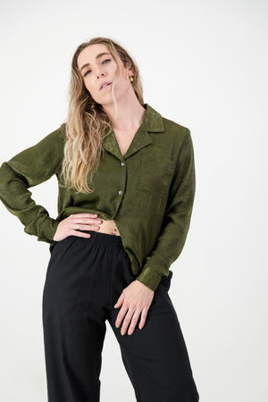 Alexa Shirt- Olive Satin