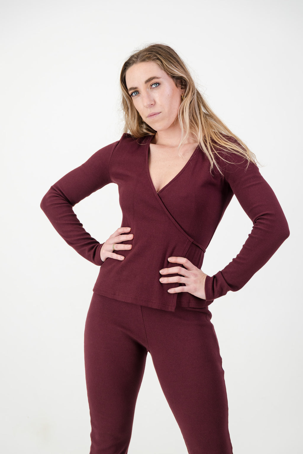 Kaia Bellbottoms- Maroon Cotton Rib